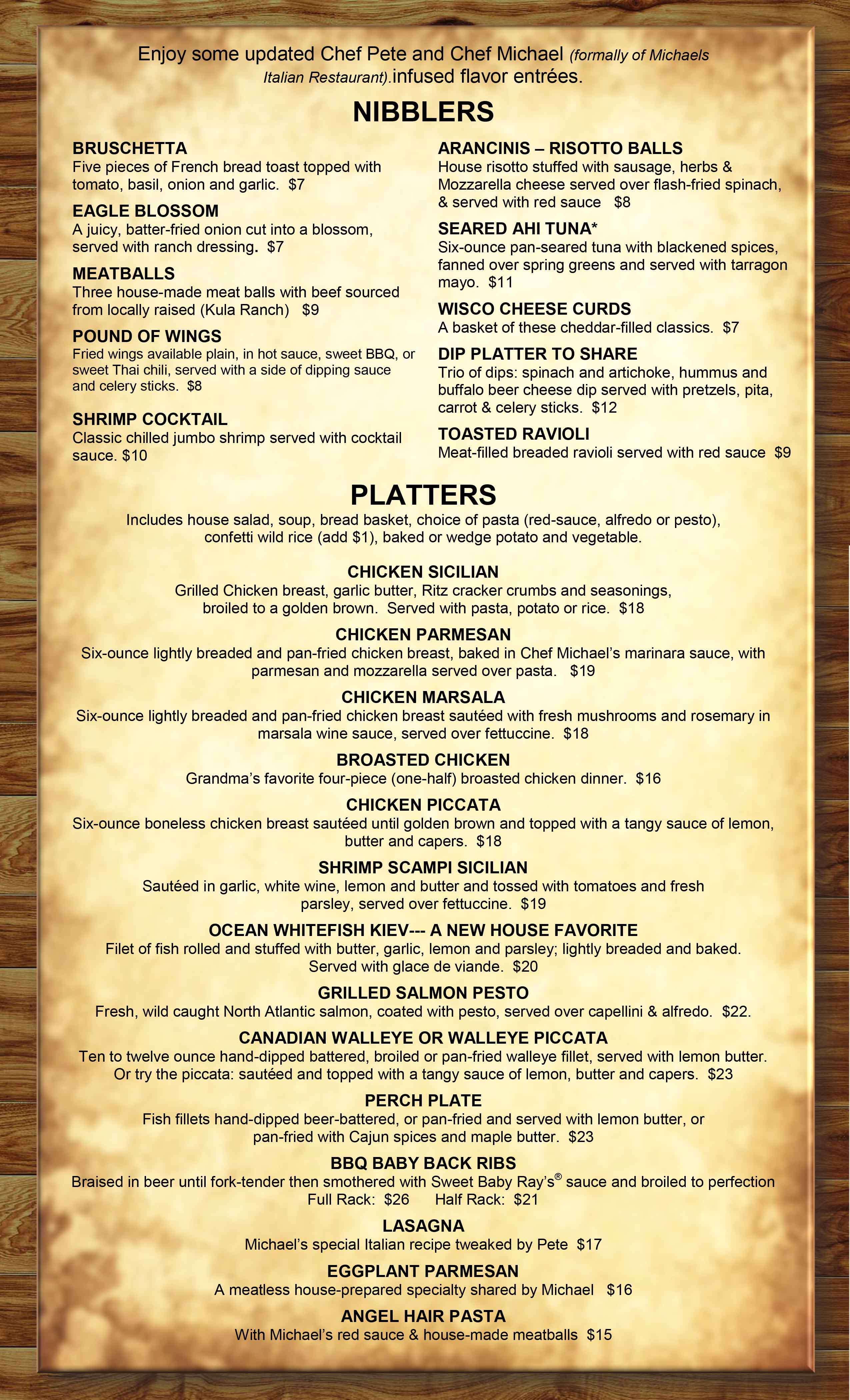 restaurant menu eagle waters resort