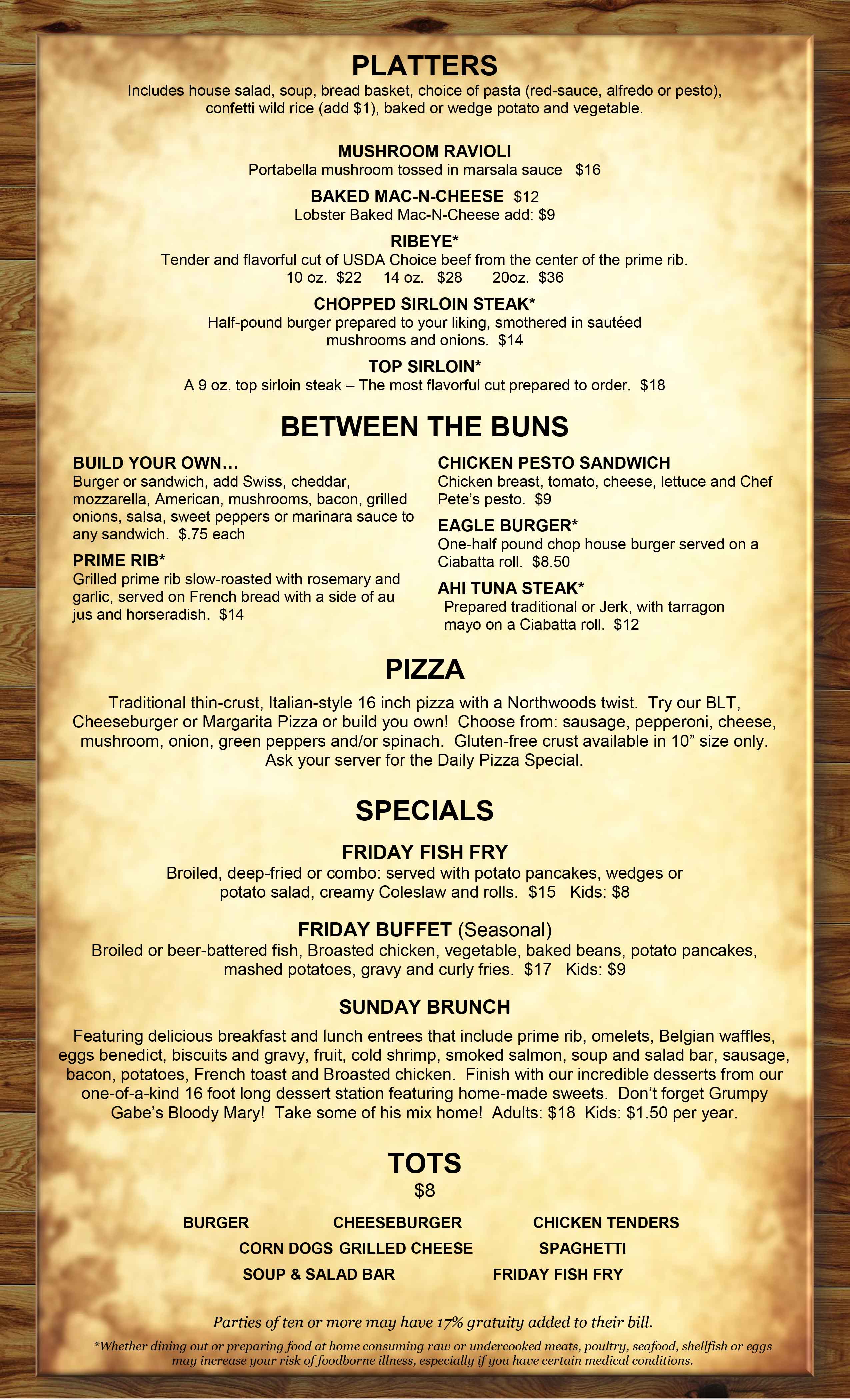 restaurant menu eagle waters